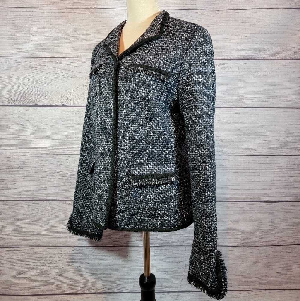 𝅺ELIE Tahari Tweed Fringe Wool Blend Jacket Black and White - Picture 5 of 9